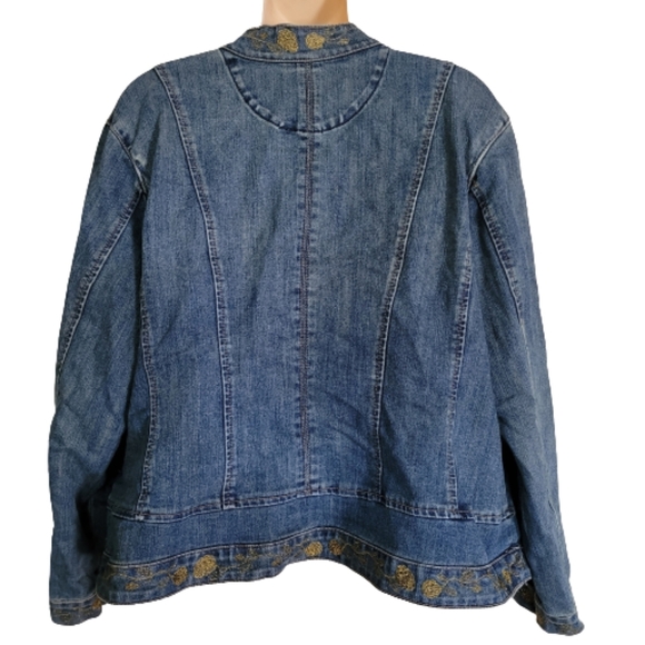 Blue Identity Gold Floral Metallic Open Front Blue Denim Jacket Size Women's 1X - Picture 2 of 11